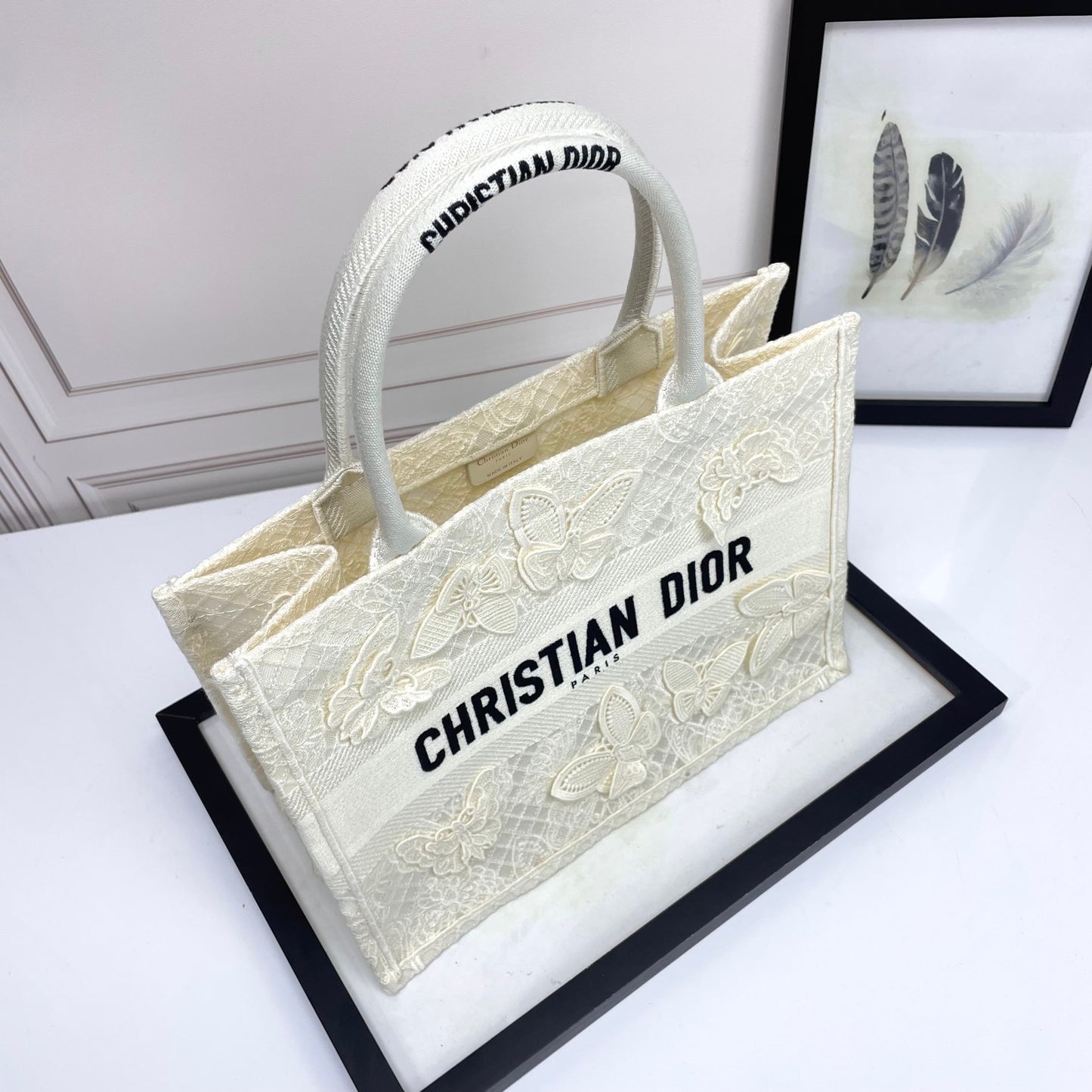 Christian Dior Medium Book Tote - White Butterfly Embroidery Canvas Bag