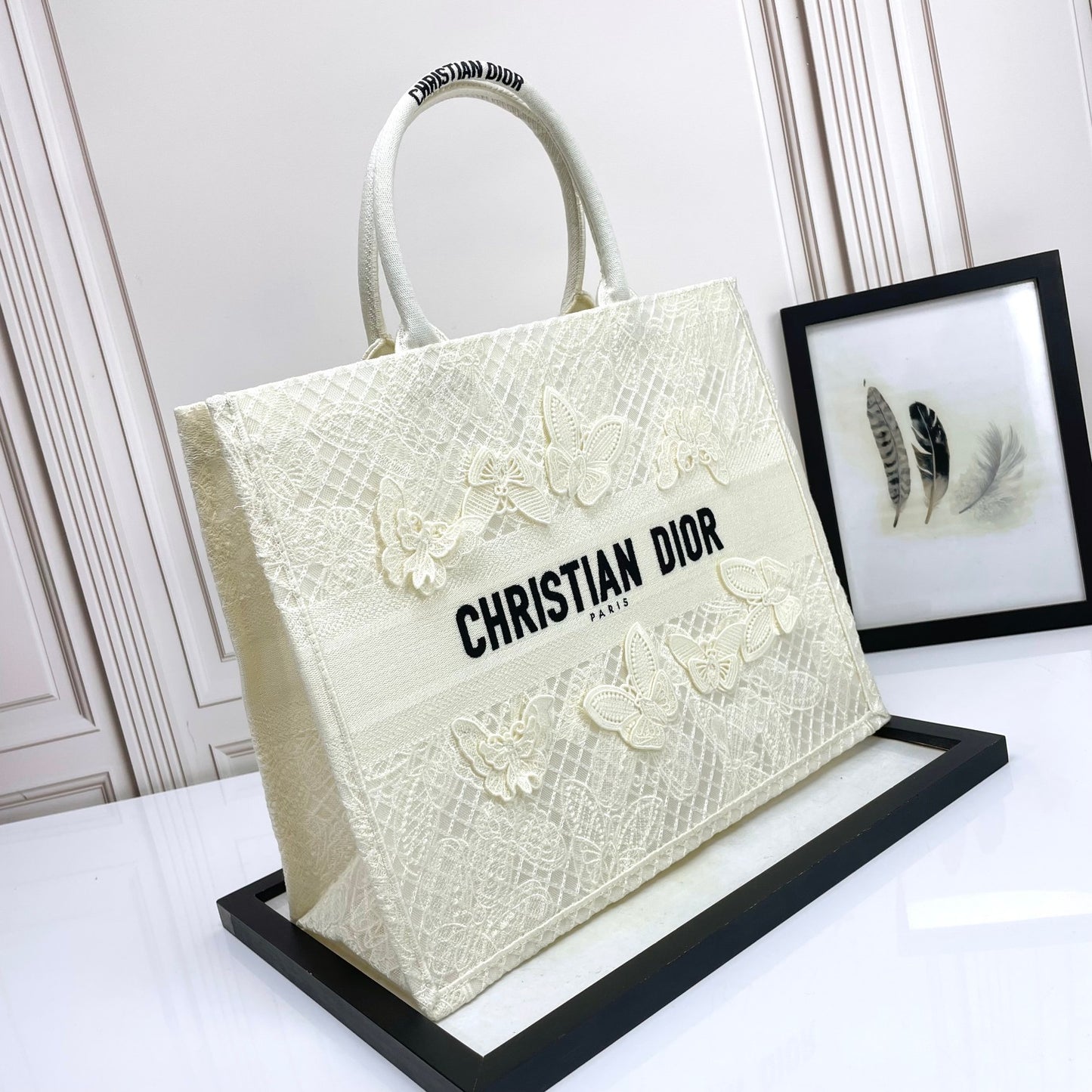 Dior Elegant Off-White Canvas Tote Bag with Butterfly Embroidery