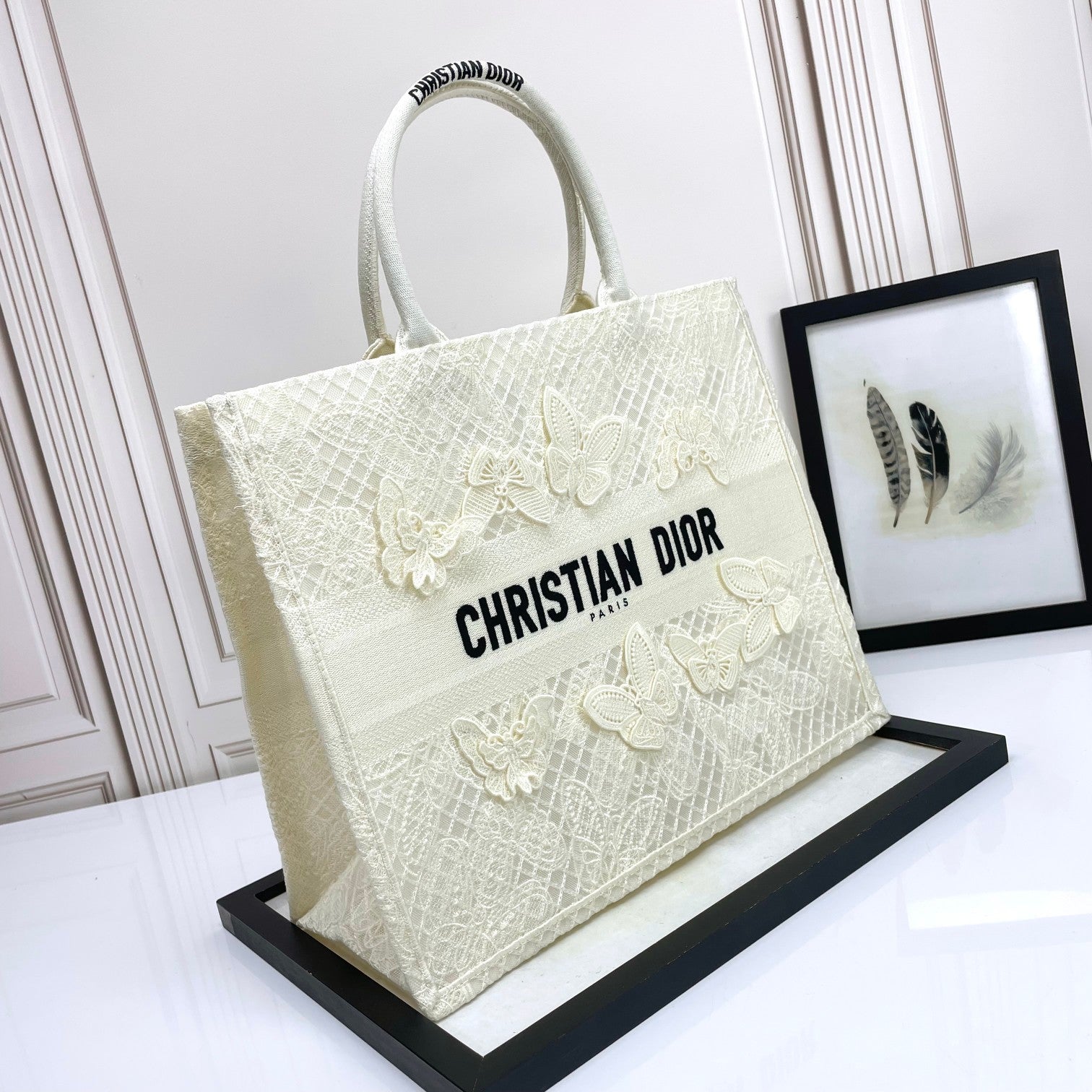 Dior Elegant Off-White Canvas Tote Bag with Butterfly Embroidery