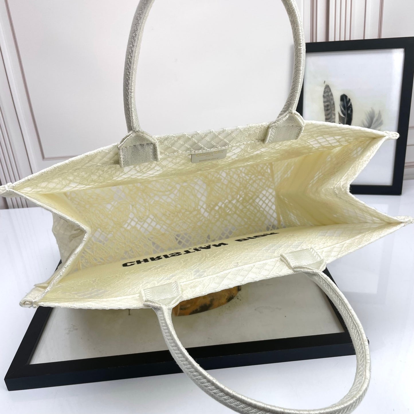Dior Elegant Cream Canvas Handbag with 3D Textured Butterfly Appliqué