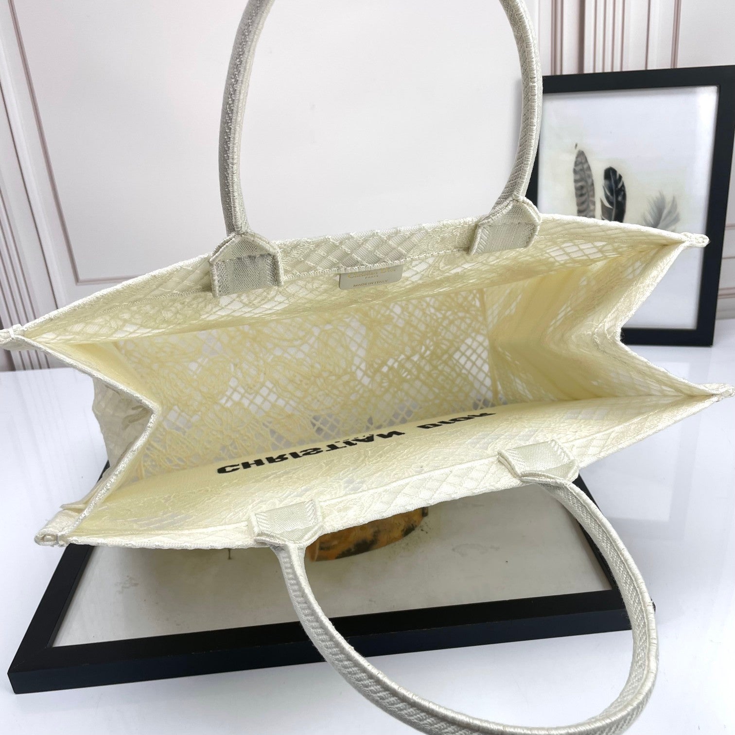 Dior Elegant Off-White Canvas Tote Bag with Butterfly Embroidery