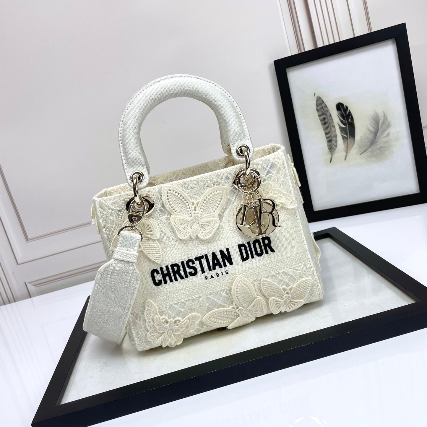 Christian Dior Lady D-Lite Bag White Butterfly Embroidery