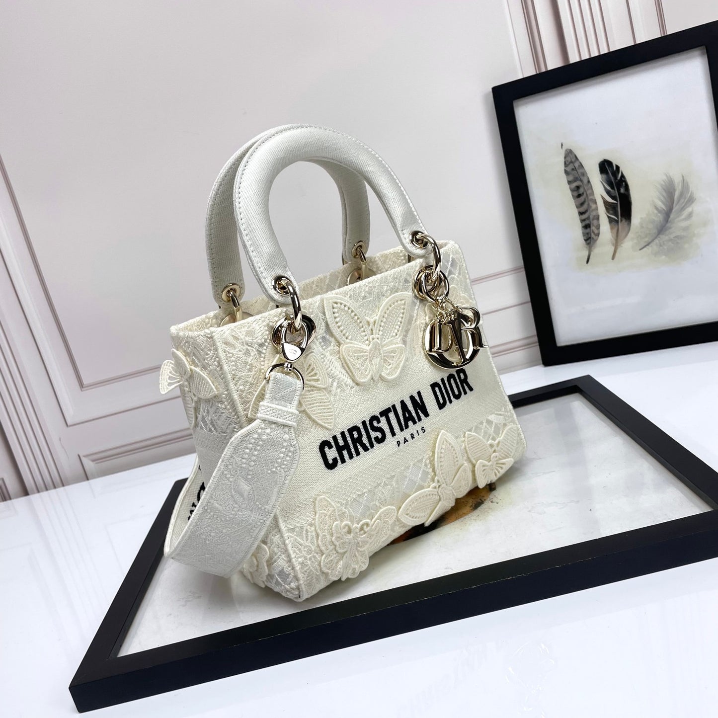 Dior White Butterfly Embroidered Canvas Top Handle Bag with Shoulder Strap