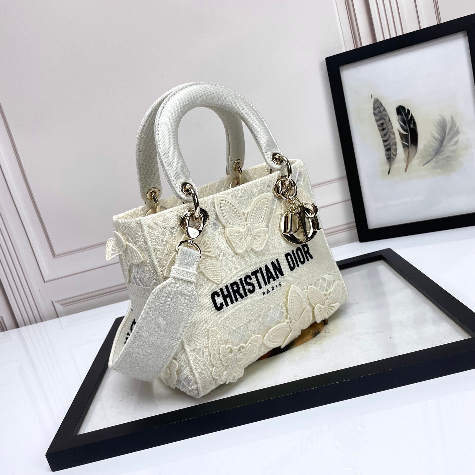 Christian Dior Lady D-Lite Bag White Butterfly Embroidery
