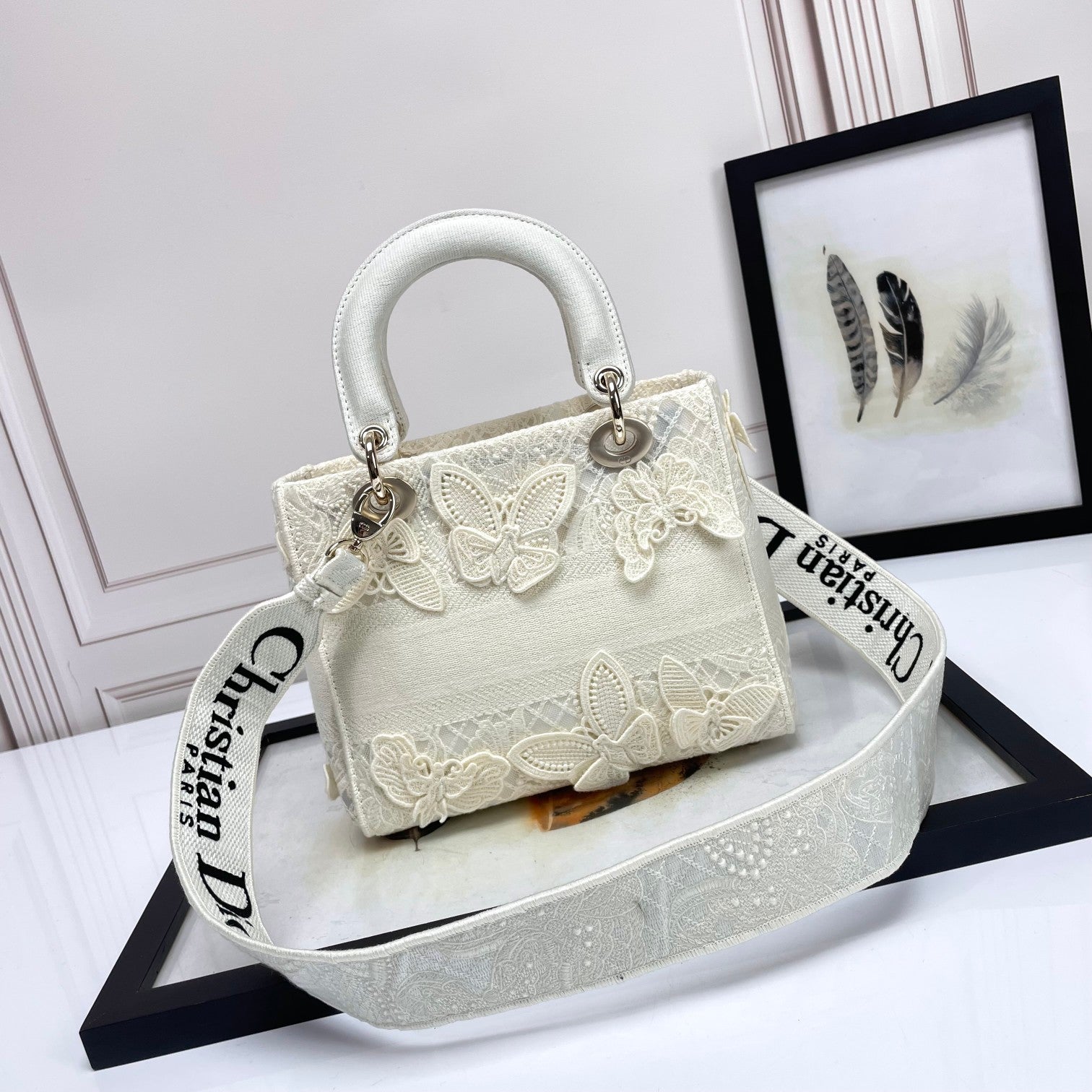 Dior Elegant White Butterfly Embroidered Top Handle Handbag