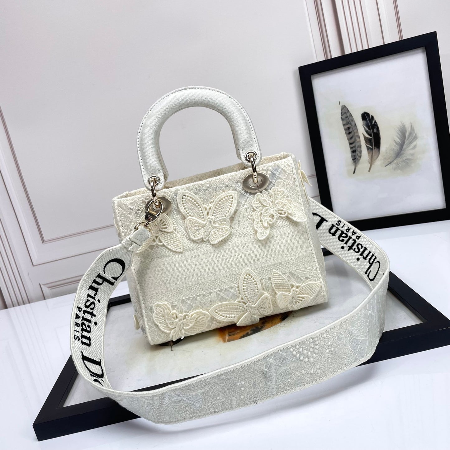 Dior White Butterfly Embroidered Canvas Top Handle Bag with Shoulder Strap