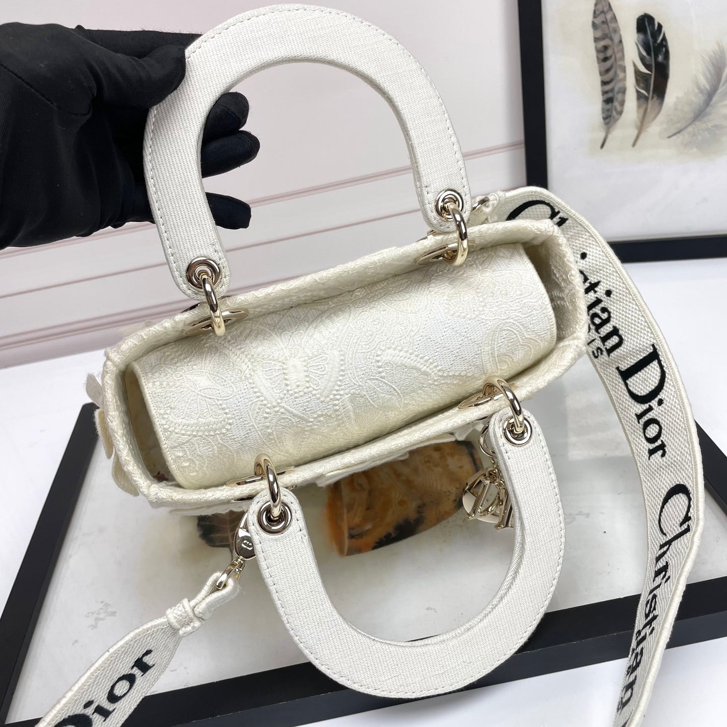 Dior Elegant White Butterfly Embroidered Top Handle Handbag