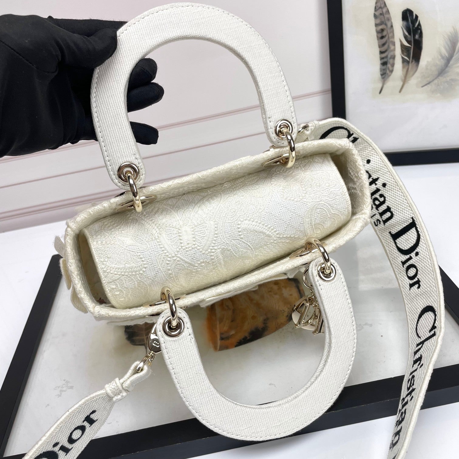 Dior Luxury White Butterfly Embroidered Top Handle Bag with Shoulder Strap
