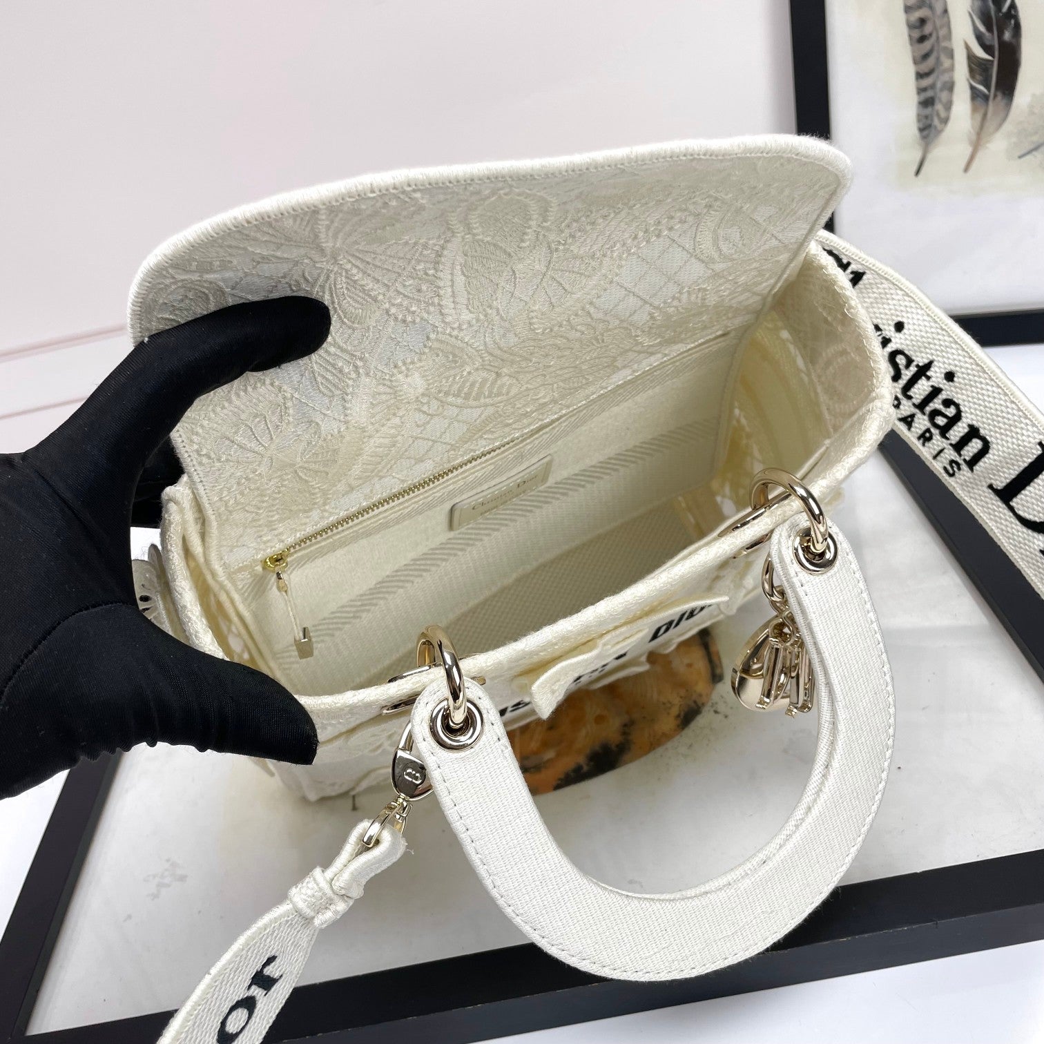 Dior Luxury White Butterfly Embroidered Top Handle Bag with Shoulder Strap