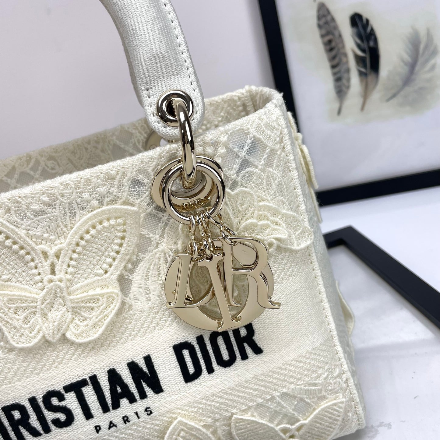 Christian Dior White Lady D-Lite Handbag with Butterfly Embroidery and Shoulder Strap