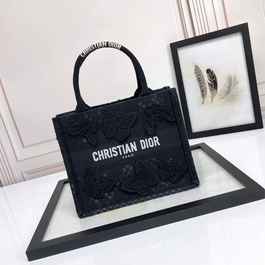 Dior Elegant Black Embroidered Butterfly Canvas Tote Handbag