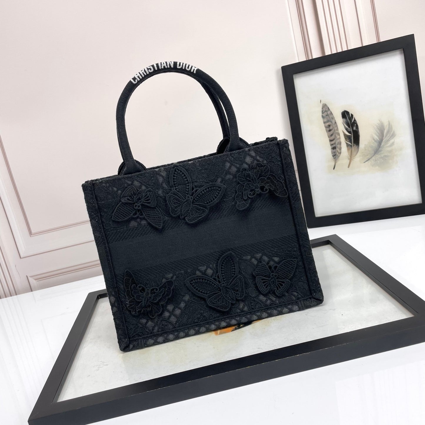 Dior Elegant Black Embroidered Butterfly Canvas Tote Handbag