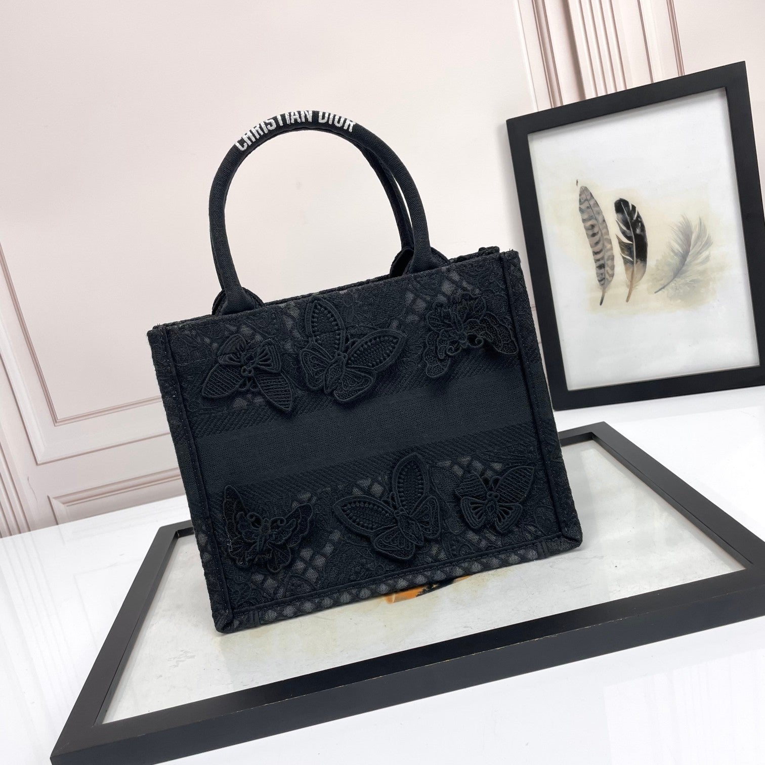 Dior Elegant Black Embroidered Butterfly Canvas Tote Handbag