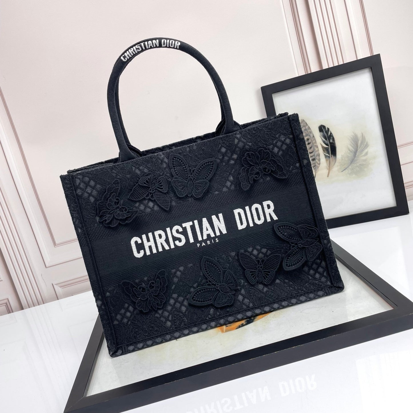 Dior Luxury Style Black Canvas Tote Bag with Butterfly Embroidery