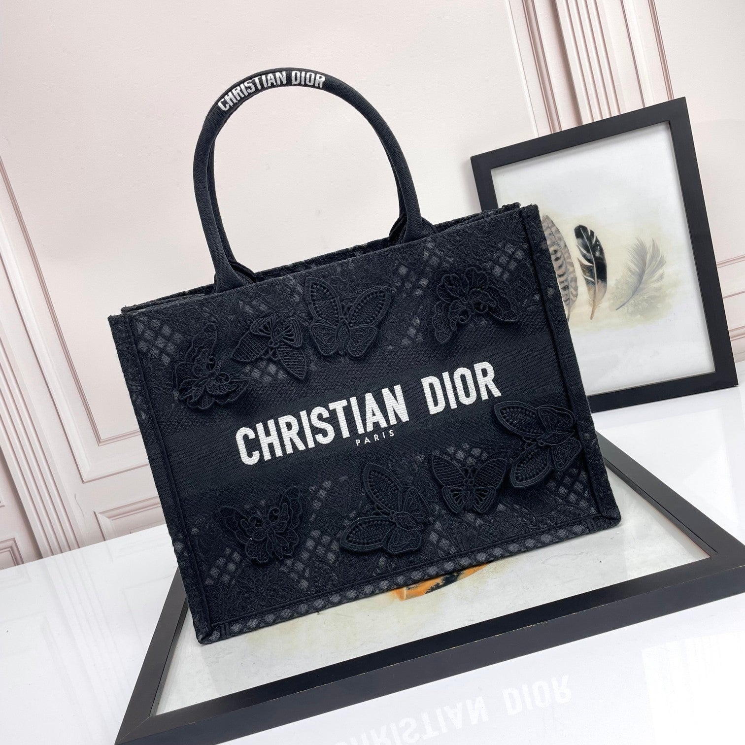 Dior Black Butterfly Embroidered Canvas Tote Bag with Top Handles