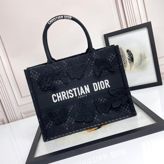 Dior Black Butterfly Embroidered Canvas Tote Bag with Top Handles
