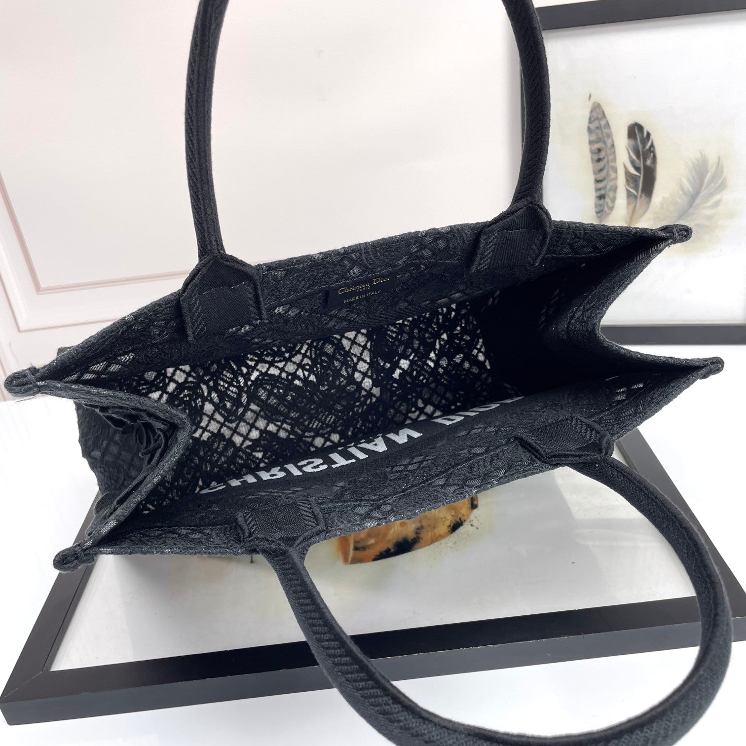 Dior Black Butterfly Embroidered Canvas Tote Bag with Top Handles