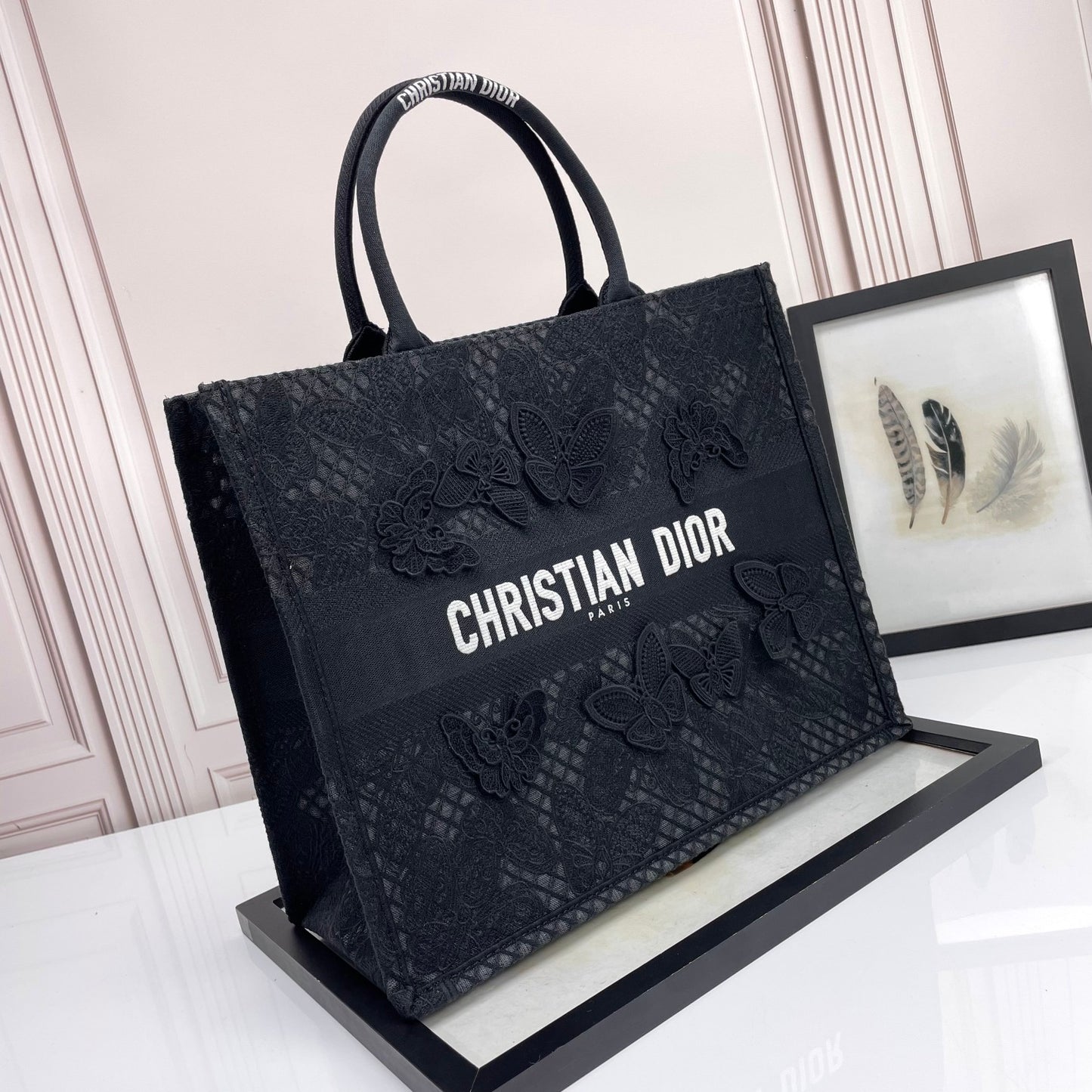 Dior Black Lace Butterfly Embroidered Canvas Tote Bag with Top Handles