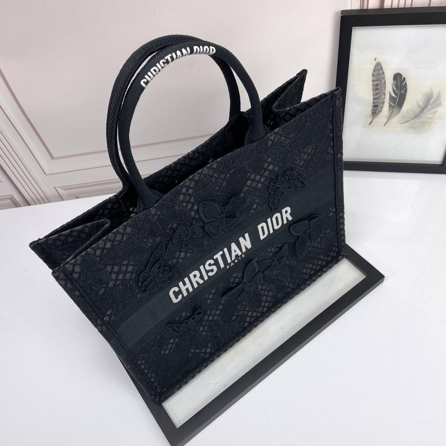 Dior Black Lace Butterfly Embroidered Canvas Tote Bag with Top Handles