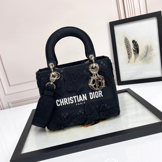 Christian Dior Lady D-Lite Bag - Black Embroidered Canvas Handbag