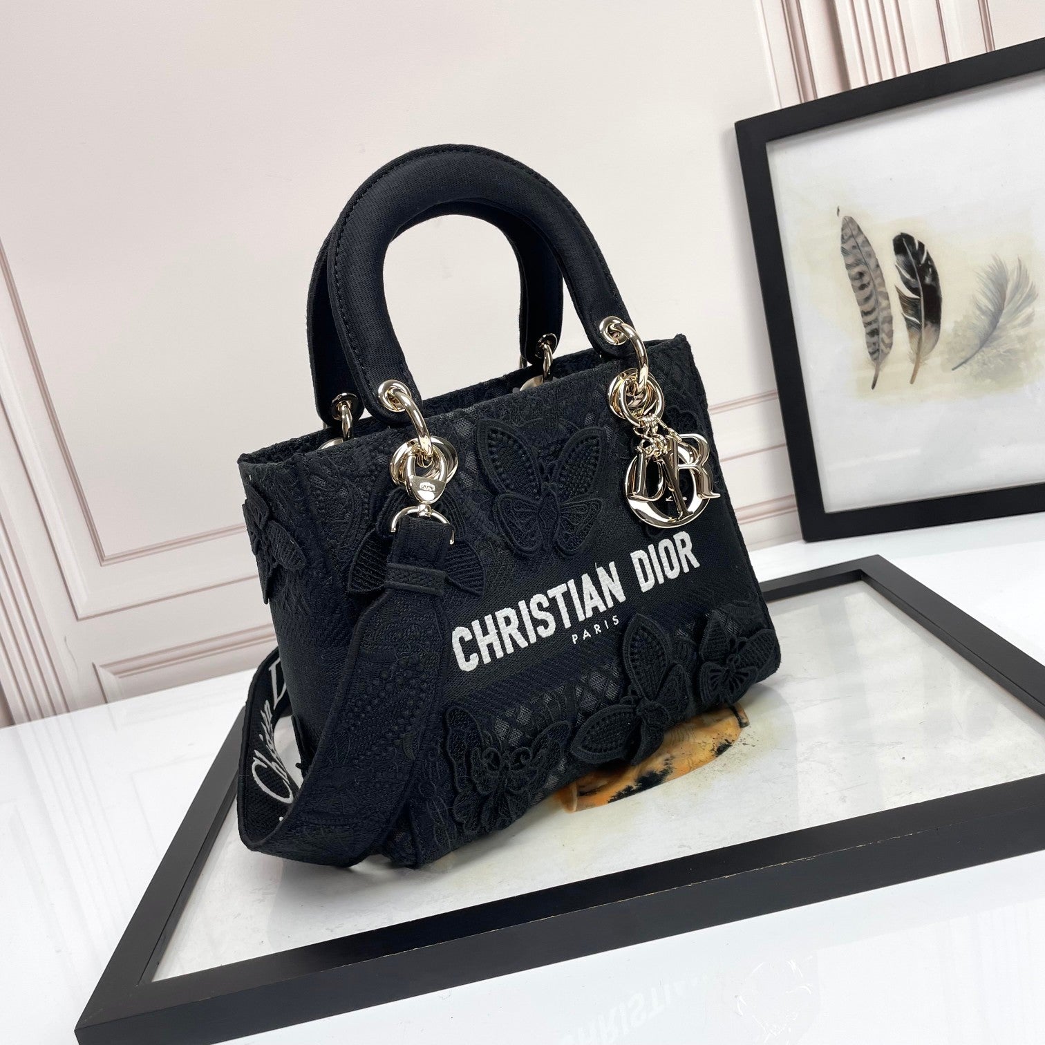 Dior Elegant Black Floral Butterfly Embroidered Top Handle Handbag