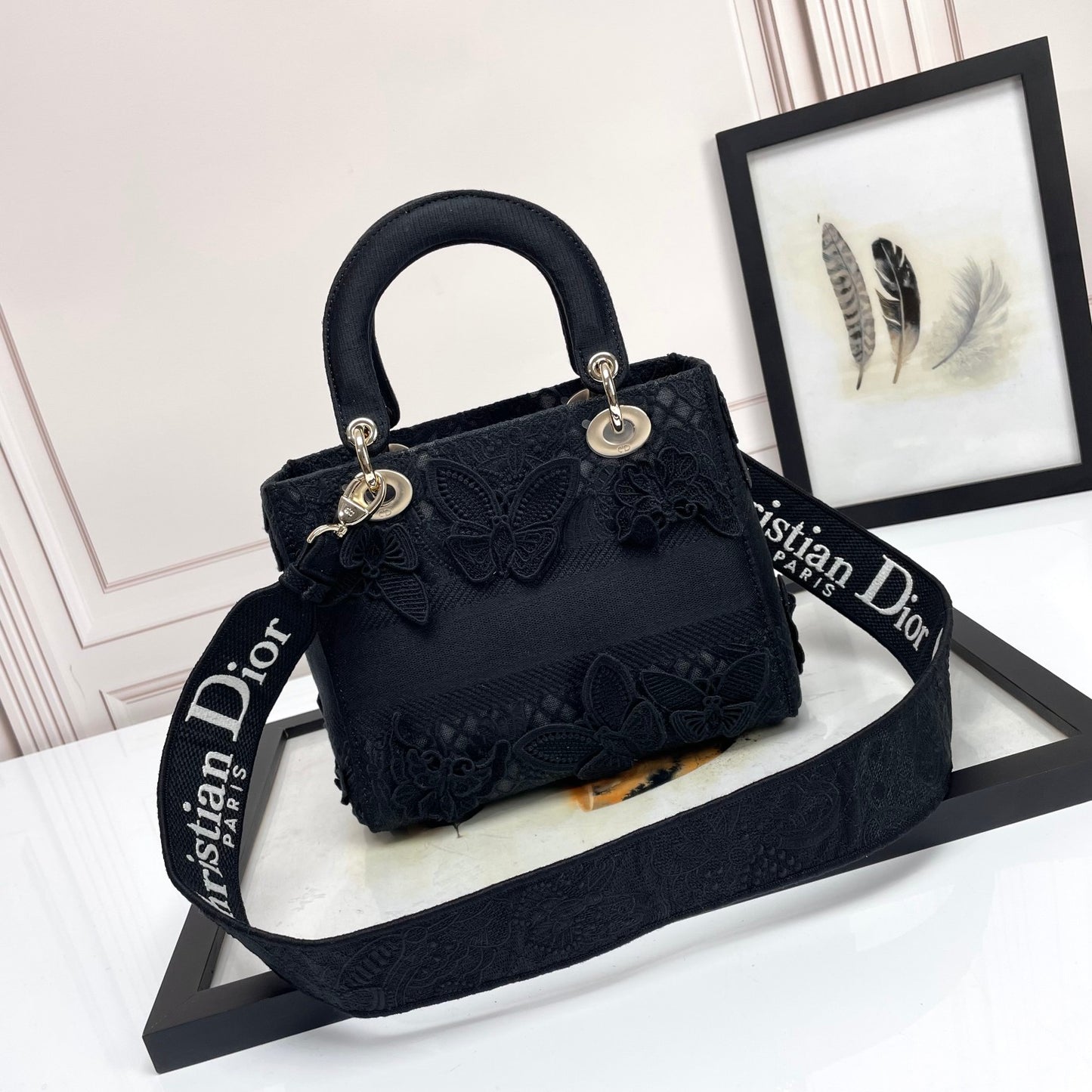 Christian Dior Black Lady D-Lite Embroidered Canvas Bag