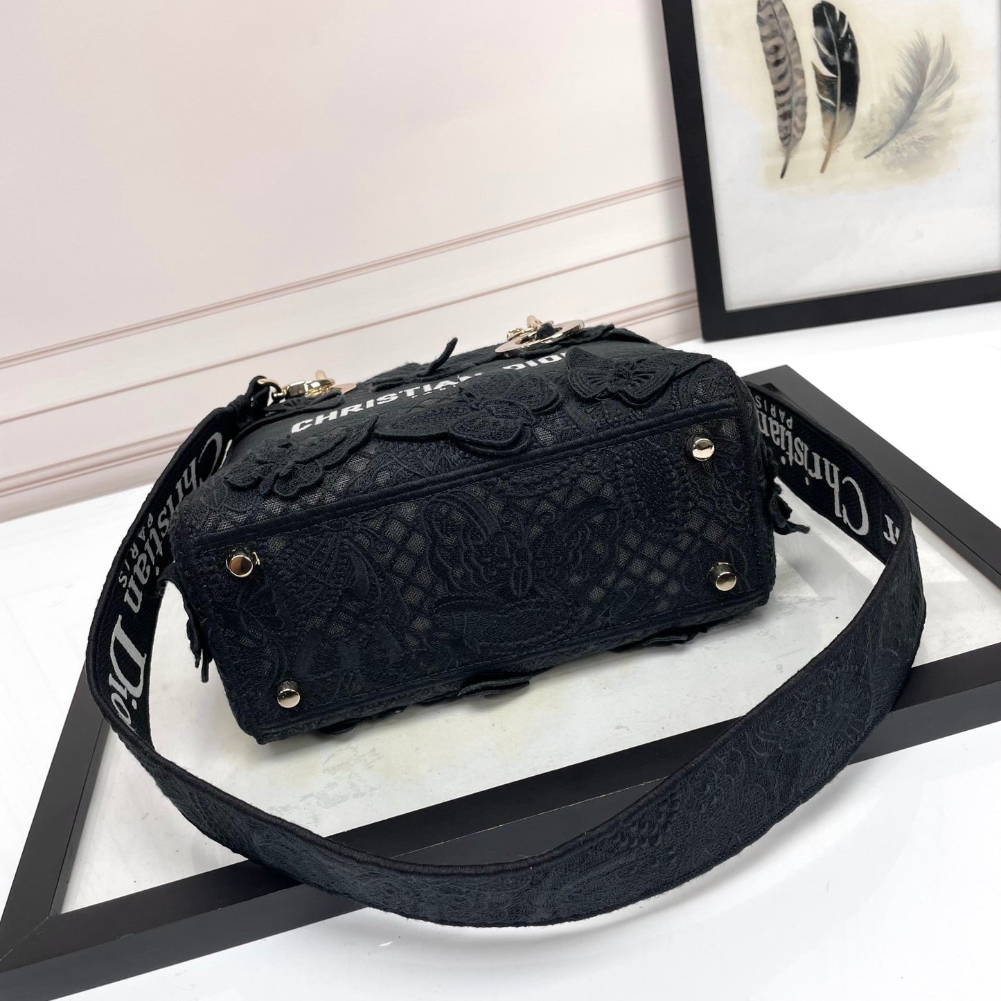 Dior Elegant Black Floral Butterfly Embroidered Top Handle Handbag