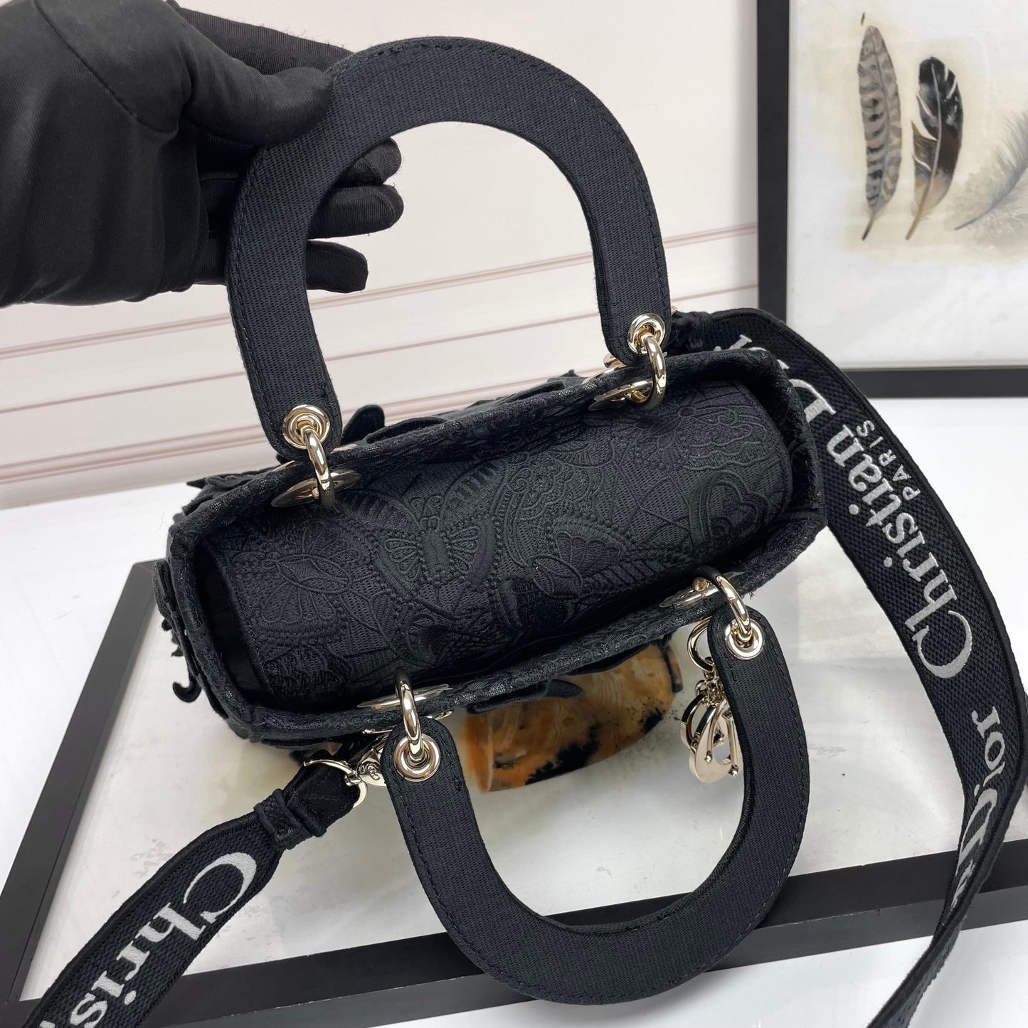 Dior Elegant Black Floral Butterfly Embroidered Top Handle Handbag