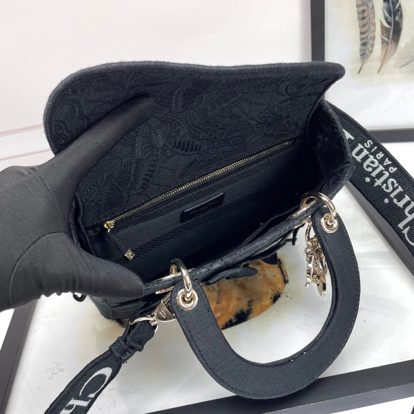 Dior Elegant Black Floral Butterfly Embroidered Top Handle Handbag