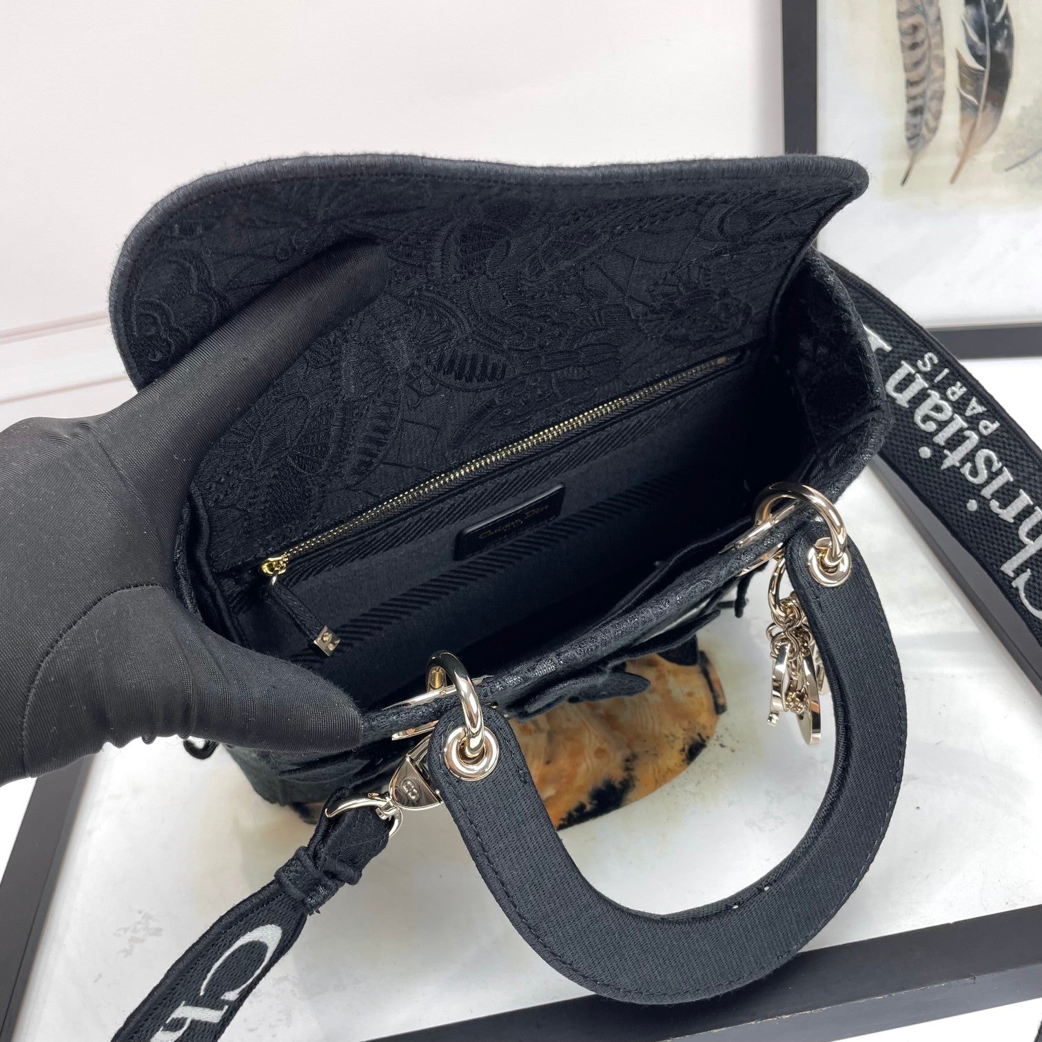 Dior Elegant Black Floral Butterfly Embroidered Top Handle Handbag