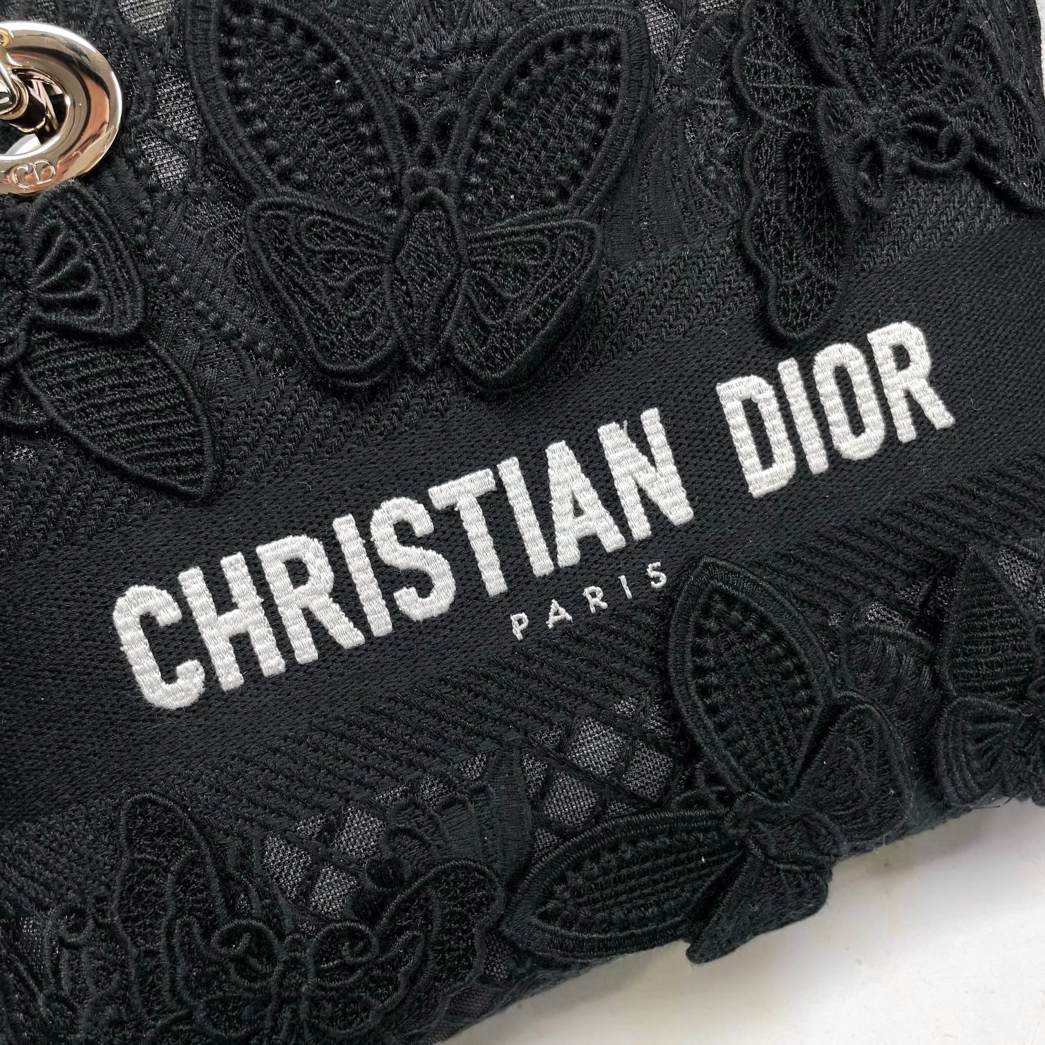 Dior Elegant Black Floral Butterfly Embroidered Top Handle Handbag