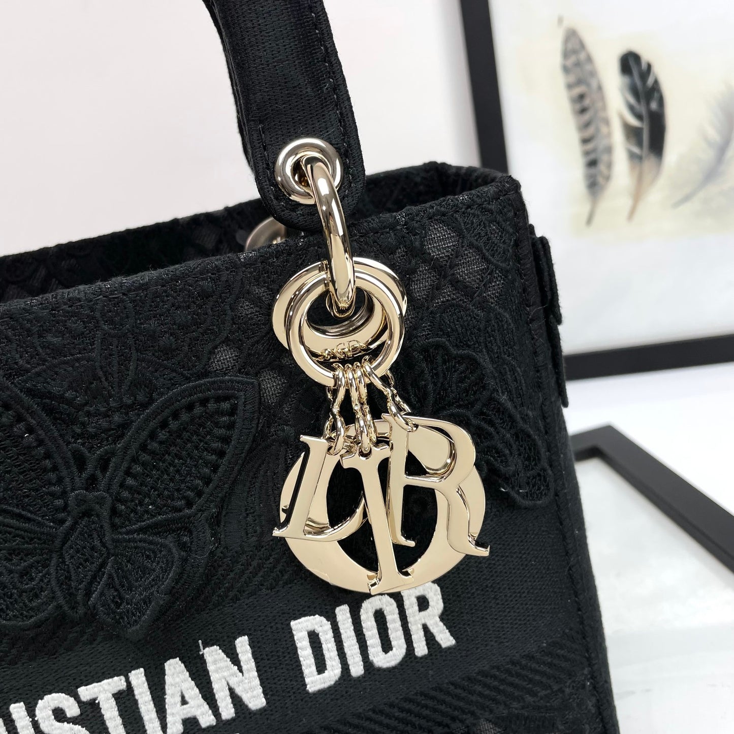 Dior Elegant Black Floral Butterfly Embroidered Top Handle Handbag