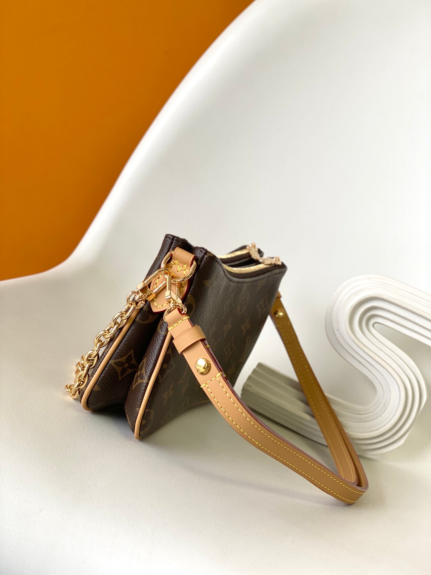 Louis Vuitton Classic Monogram Print Canvas Clutch Bag with Gold Chain Strap