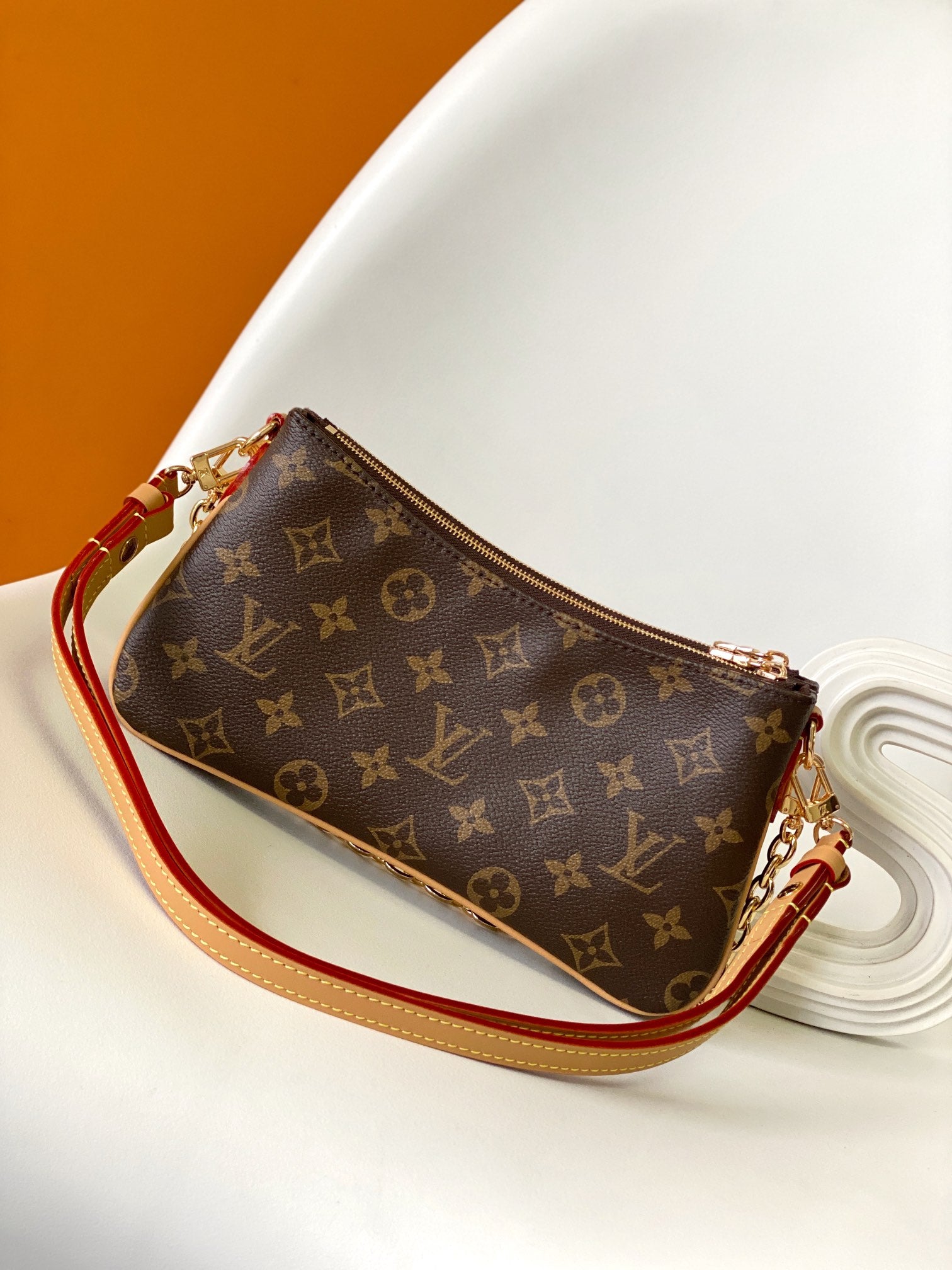 Louis Vuitton Classic Monogram Print Canvas Clutch Bag with Gold Chain Strap