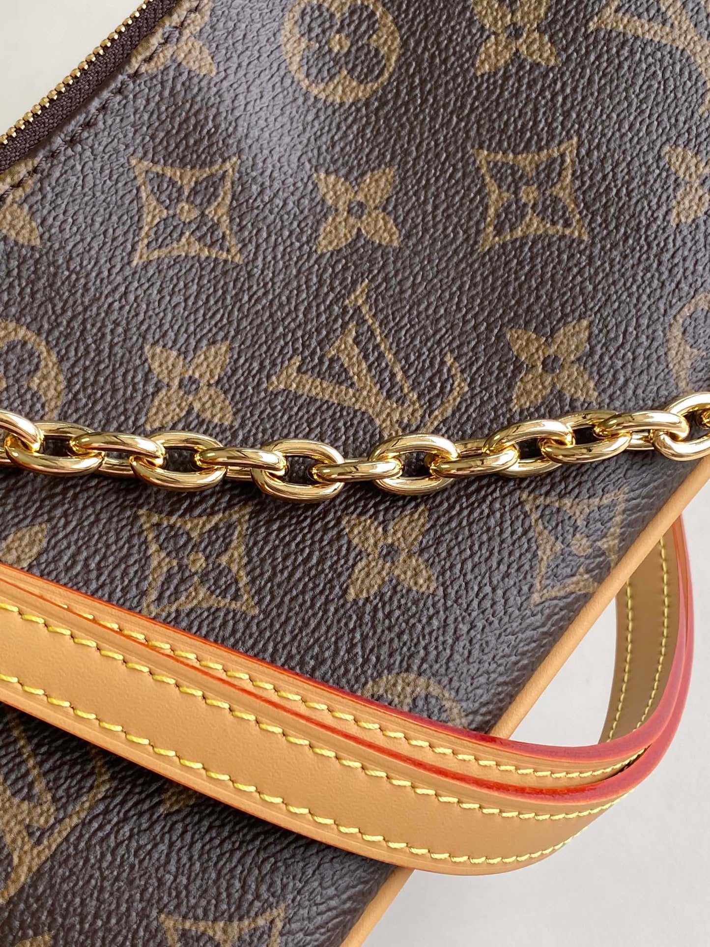 Louis Vuitton Classic Monogram Print Canvas Clutch Bag with Gold Chain Strap