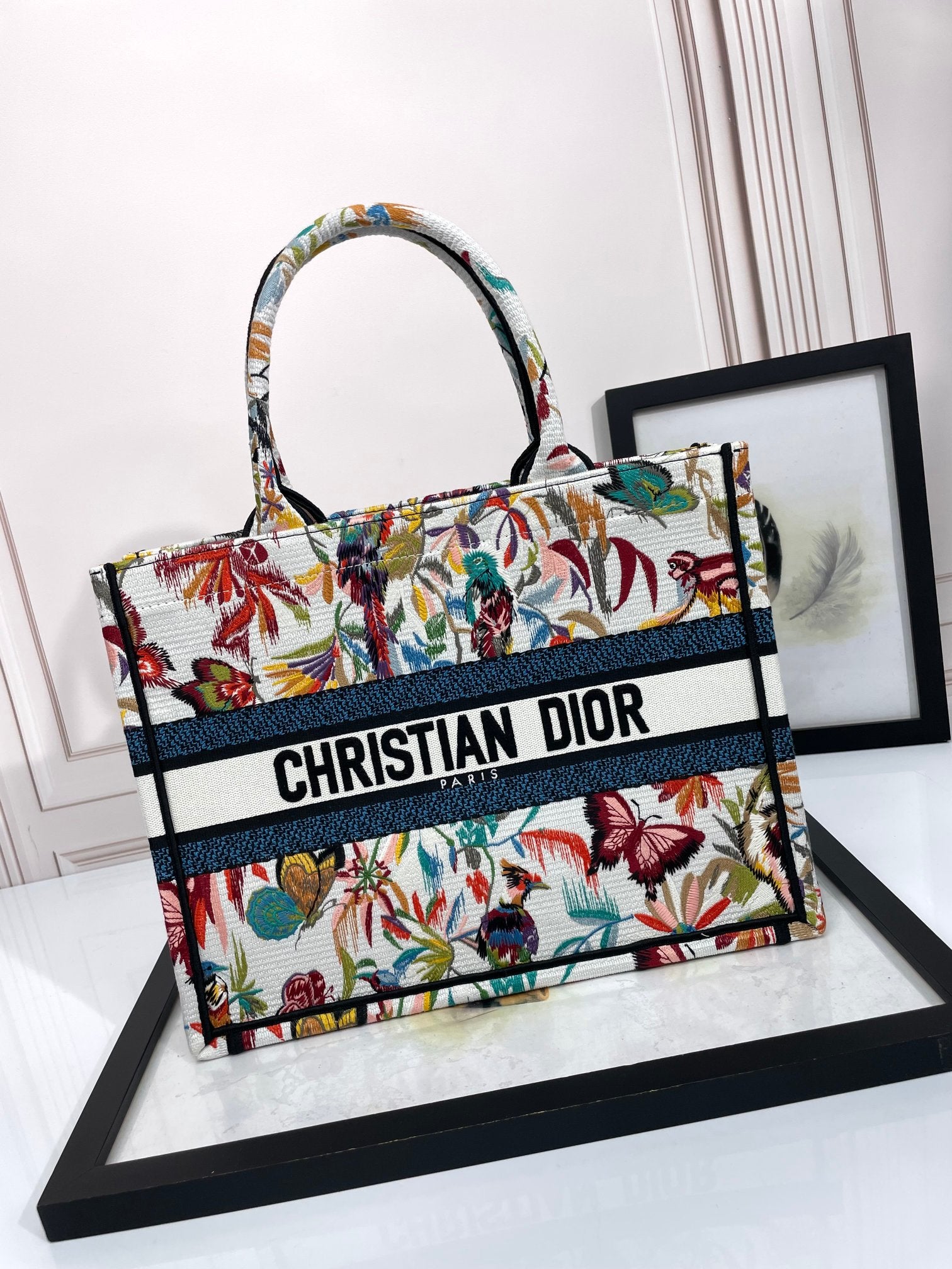 Dior Colorful Embroidered Floral Butterfly Canvas Tote Bag for Women