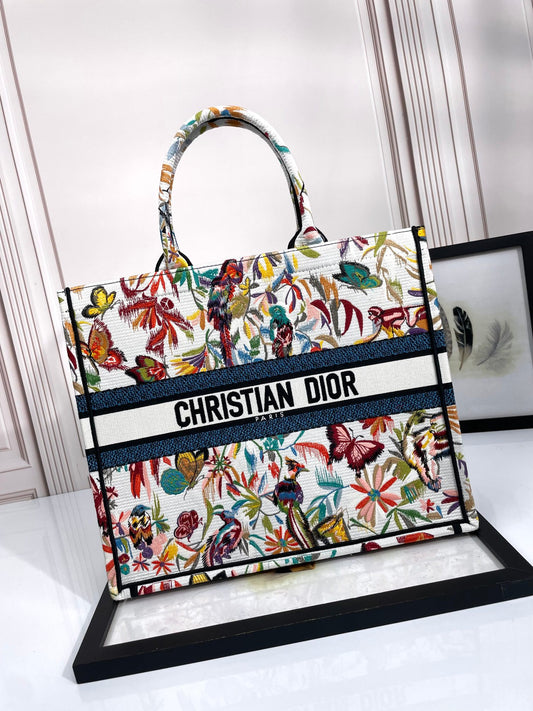Dior Colorful Floral Butterfly Embroidery Large Canvas Tote Bag