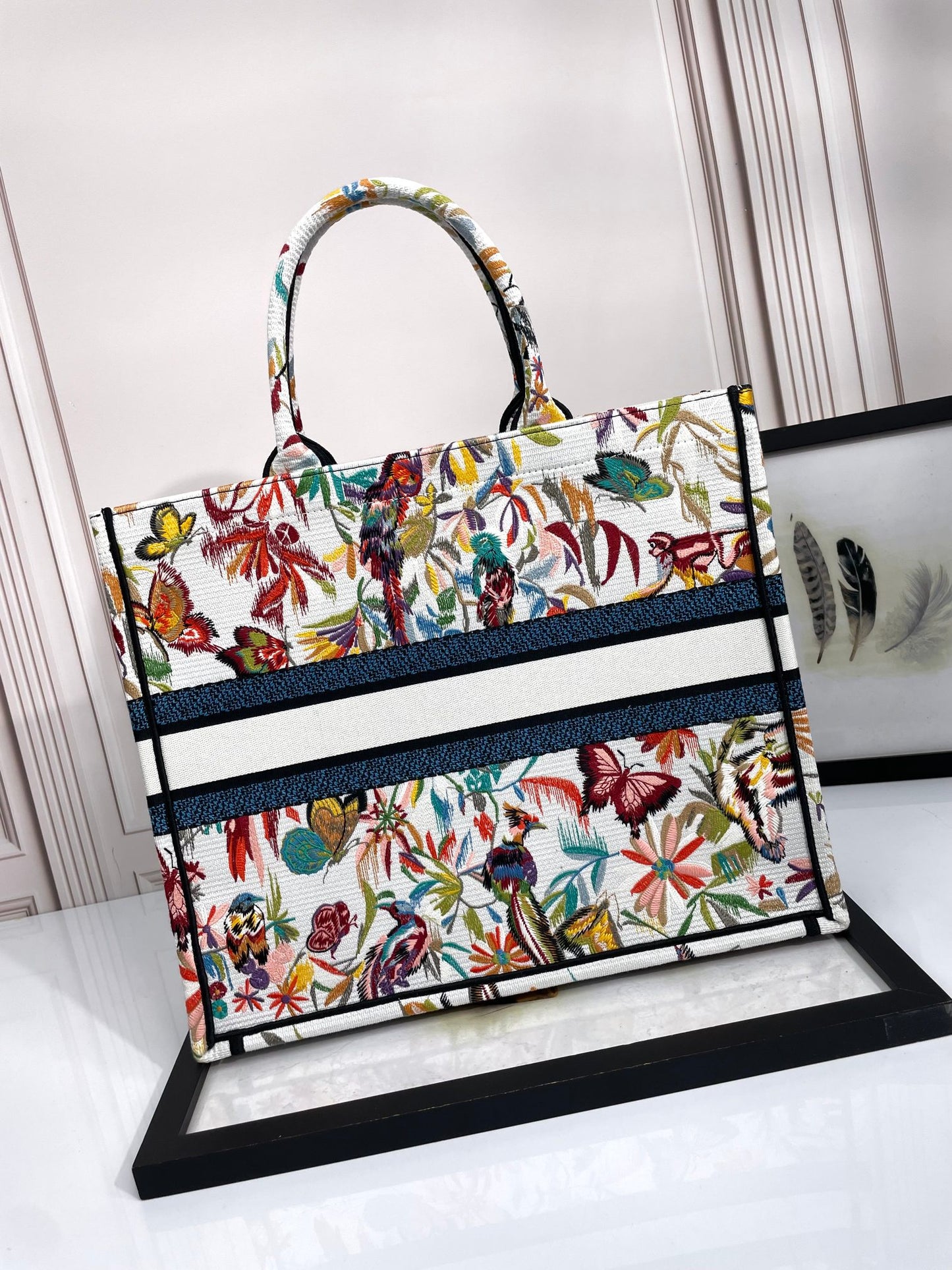 Dior Large Floral Butterfly Embroidered Canvas Tote Bag