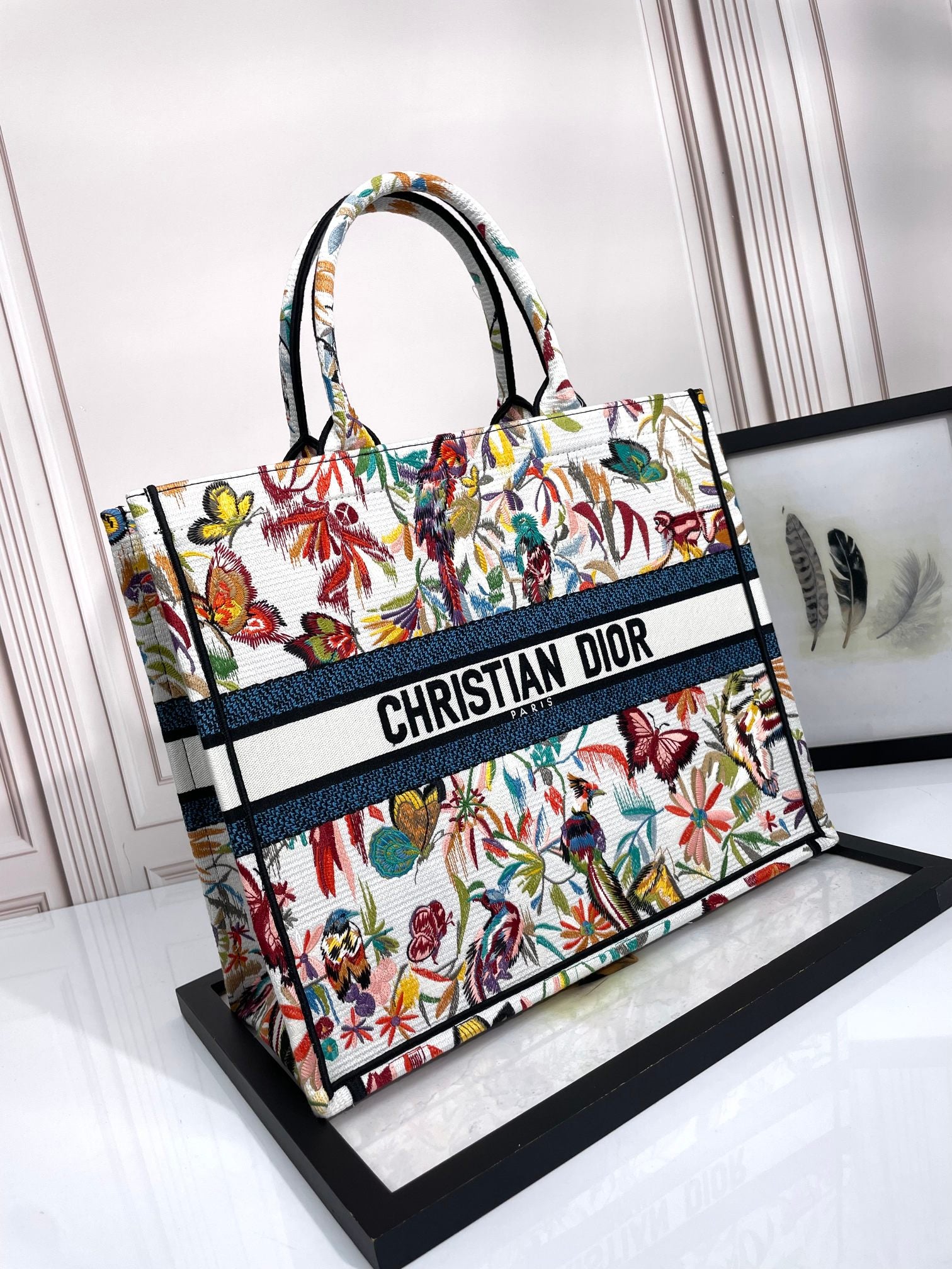 Dior Large Floral Butterfly Embroidered Canvas Tote Bag