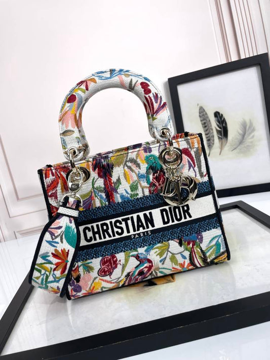 Dior Elegant Multicolor Floral Canvas Handbag with Matching Strap
