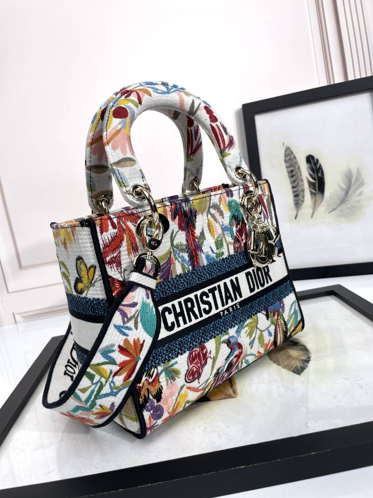 Christian Dior Lady D-Lite Bag Embroidered Floral Bird Pattern White Multicolor