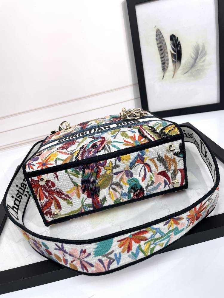 Christian Dior Lady D-Lite Bag Embroidered Floral Bird Pattern White Multicolor