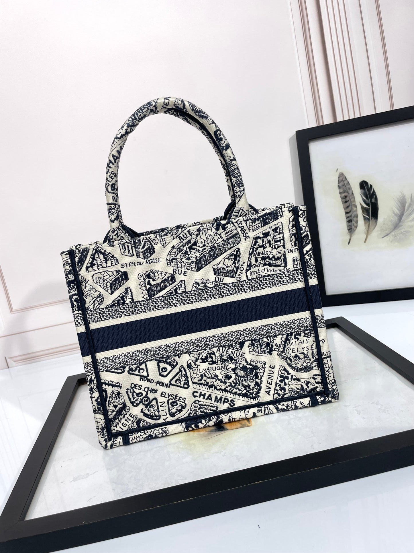 Dior Vintage Toile Map Pattern Canvas Top Handle Tote Handbag