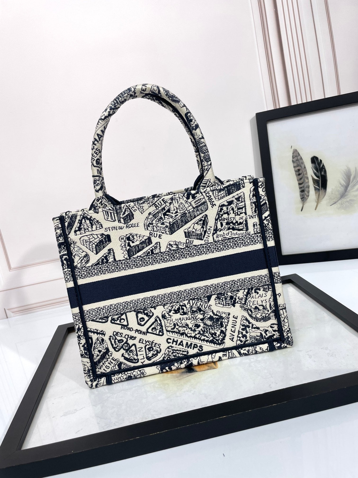 Dior Chic Vintage Black and White Map Print Canvas Tote Handbag