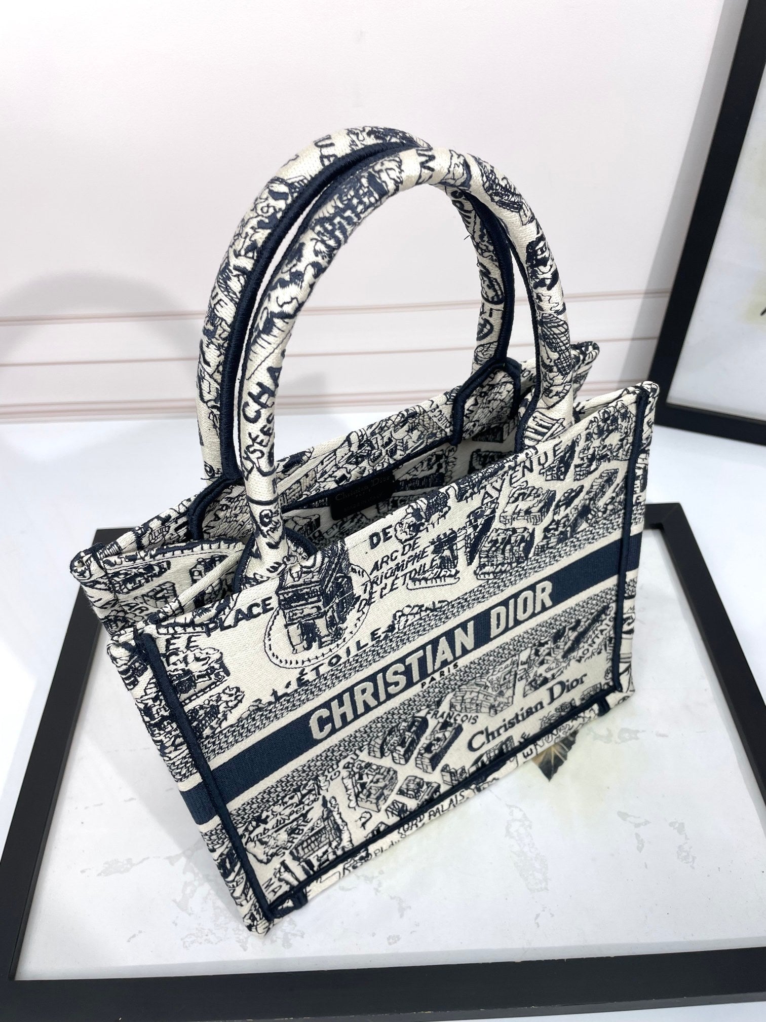 Christian Dior Medium Book Tote - Plan de Paris White and Navy Blue Embroidery