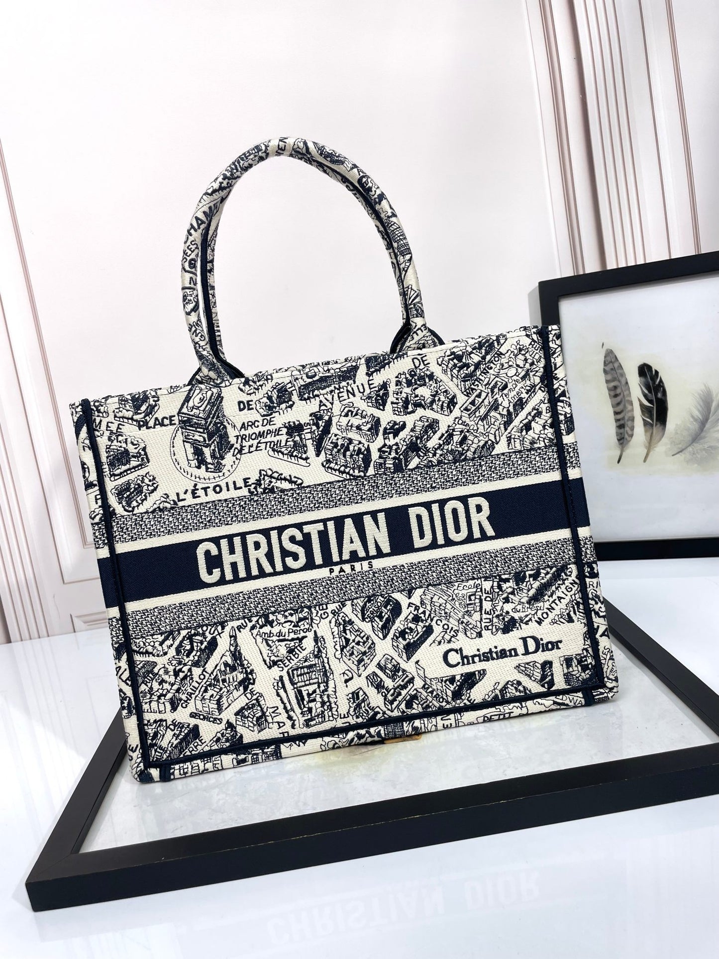 Dior Vintage Map Print Embroidered Canvas Tote Bag with Top Handles