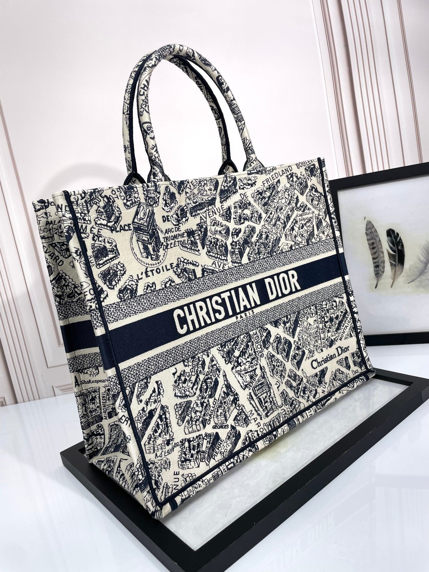 Dior Monochrome City Map Sketch Canvas Tote Handbag with Top Handles