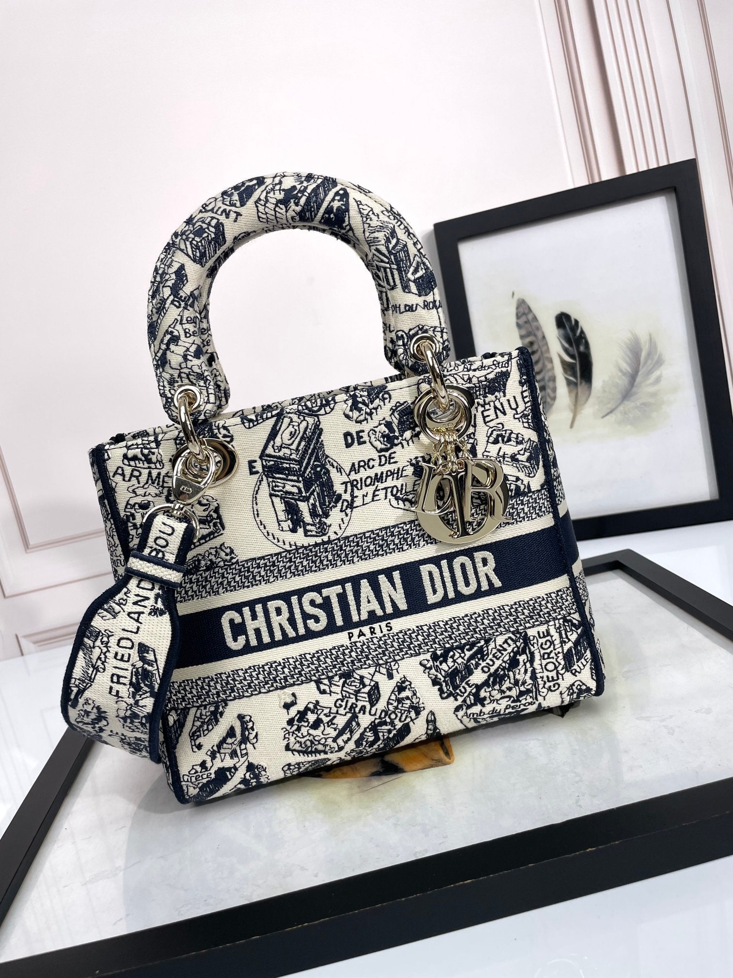 Dior Embroidered Toile Tapestry Canvas Top Handle Bag with Strap