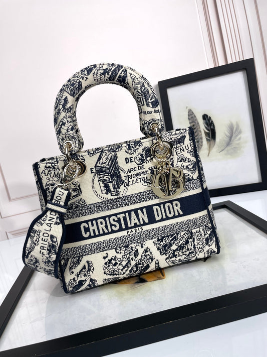 Dior Embroidered Toile Tapestry Canvas Top Handle Bag with Strap