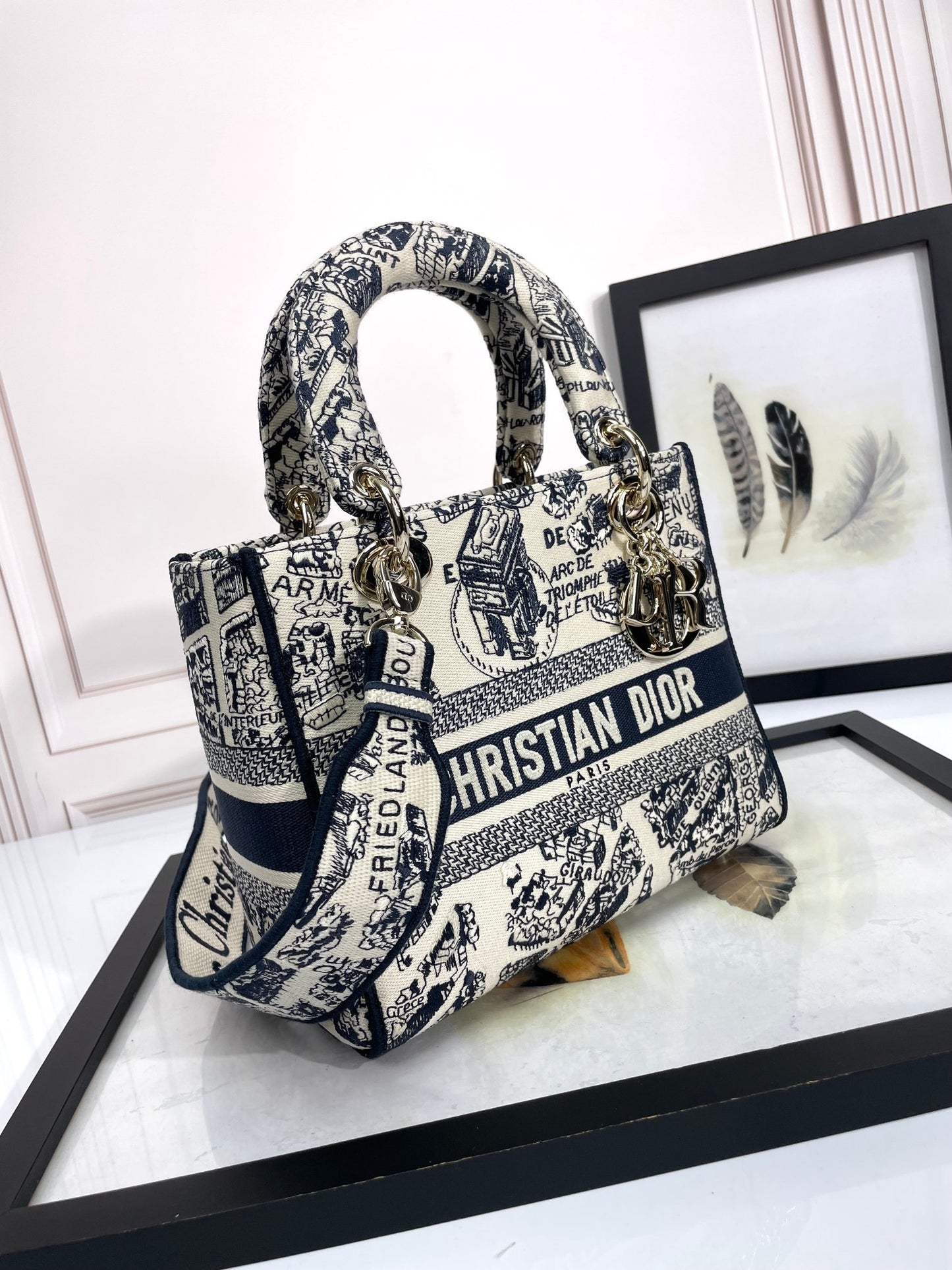 Dior Black and White Toile Print Canvas Top Handle Shoulder Bag